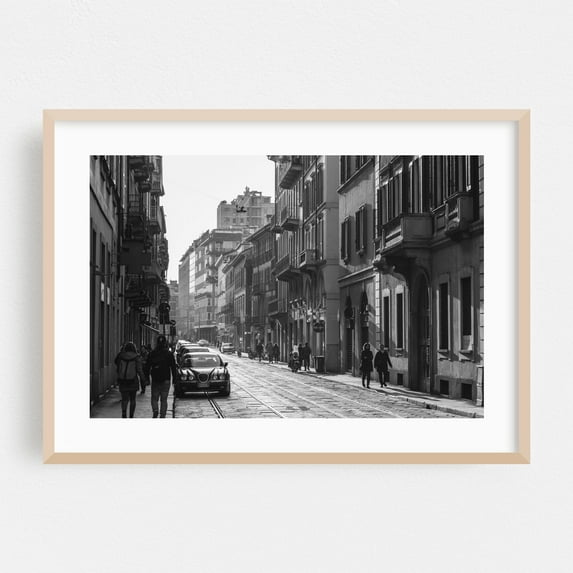 An Evening in Brera B&W - Milan Lombardy Italy Photography Oak Framed Wall Art Print 20 x 30 inches