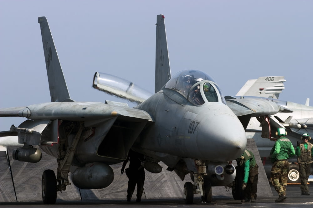 An F-14D Tomcat in launch position on the flight deck of USS Theodore Roosevelt Canvas Art - Gert KromhoutStocktrek Images (18 x 12)