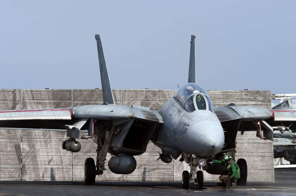 An F-14D Tomcat in launch position on the flight deck of USS Theodore Roosevelt Canvas Art - Gert KromhoutStocktrek Images (18 x 12)