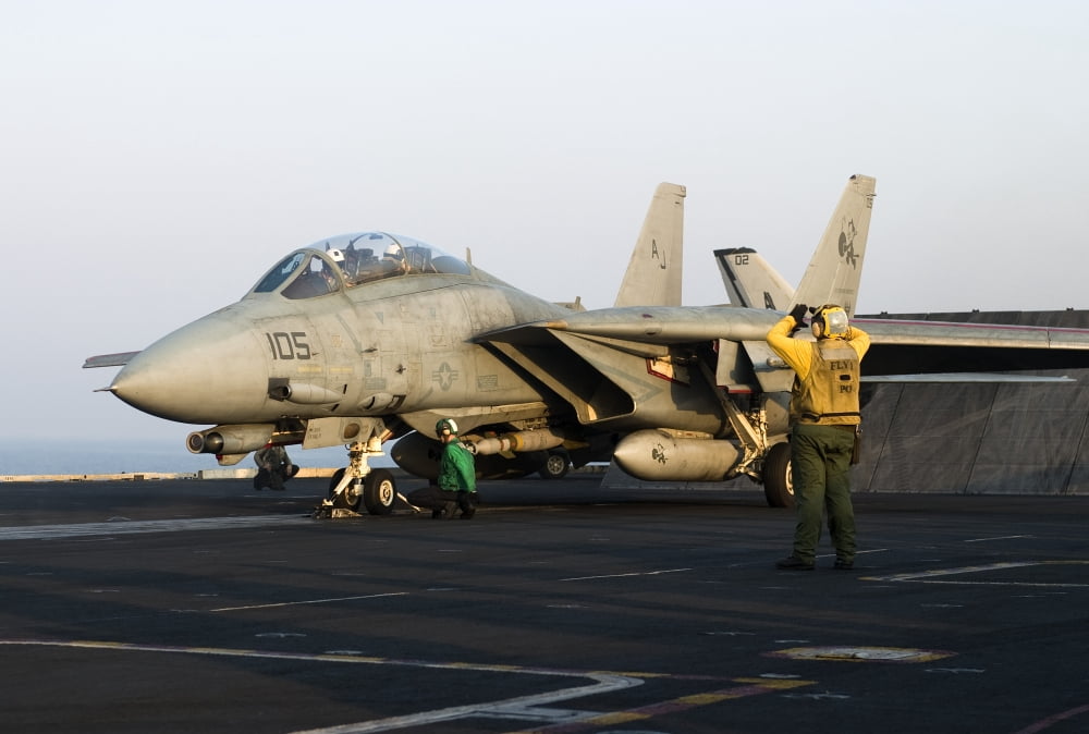 An F-14D Tomcat in launch position on the flight deck of USS Theodore Roosevelt Canvas Art - Gert KromhoutStocktrek Images (35 x 23)