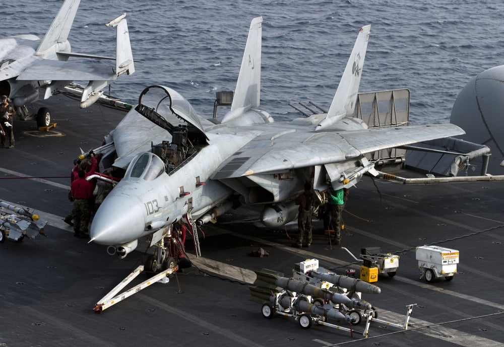 An F-14D Tomcat on the flight deck of USS Theodore Roosevelt Canvas Art - Gert KromhoutStocktrek Images (18 x 12)