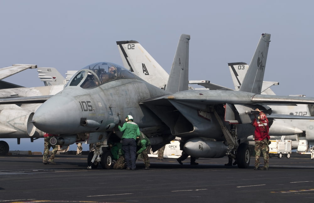 An F-14D Tomcat on the flight deck of USS Theodore Roosevelt Canvas Art - Gert KromhoutStocktrek Images (18 x 12)