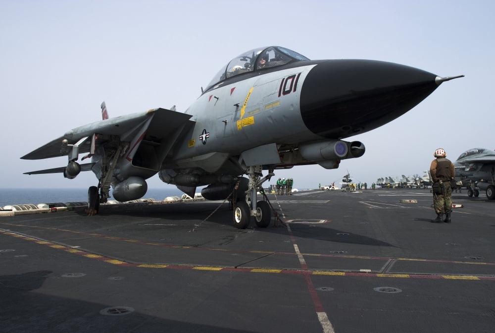 An F-14D Tomcat on the flight deck of USS Theodore Roosevelt Canvas Art - Gert KromhoutStocktrek Images (35 x 23)