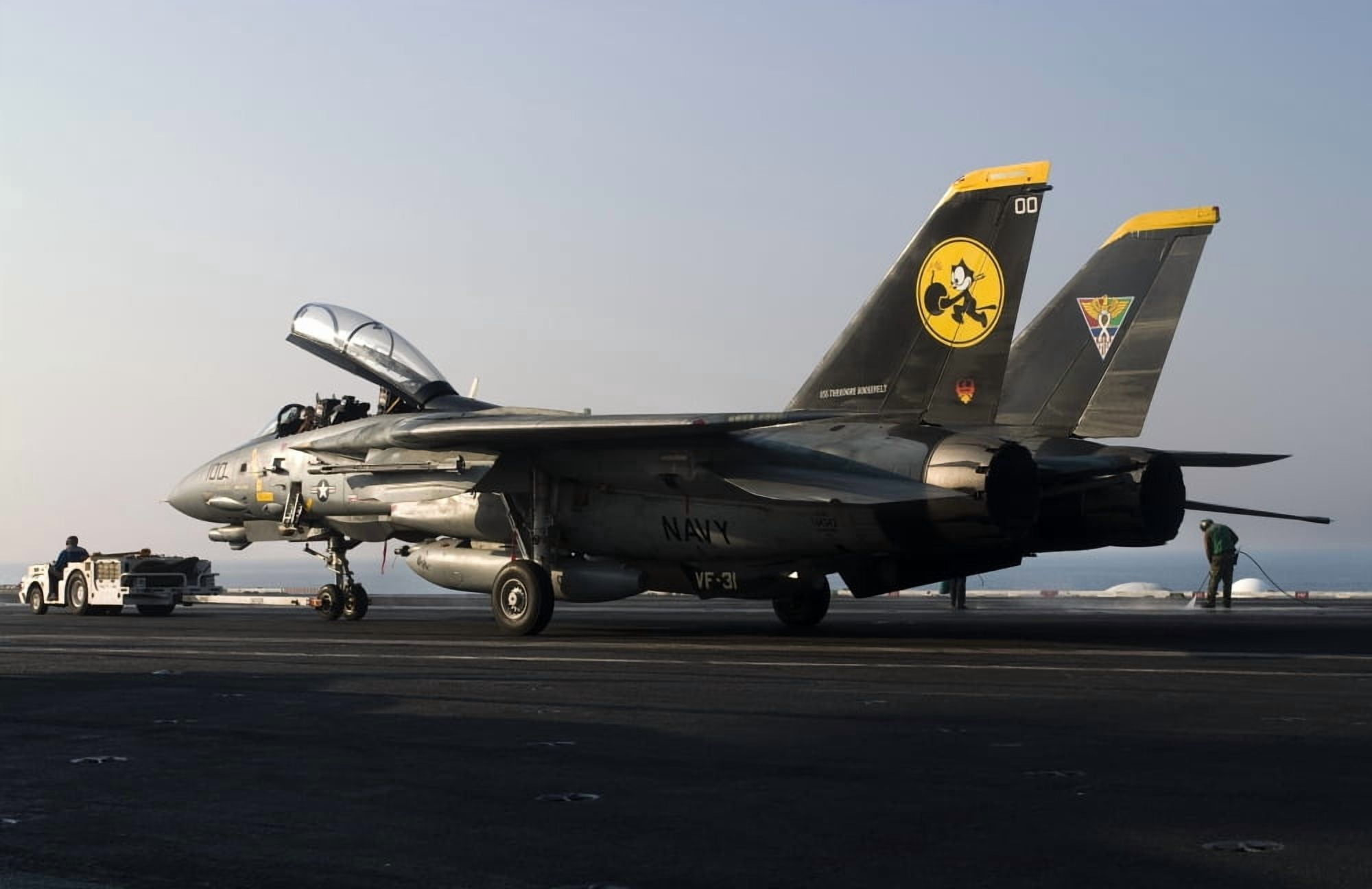 An F-14D Tomcat on the flight deck of USS Theodore Roosevelt Canvas Art - Gert KromhoutStocktrek Images (35 x 23)