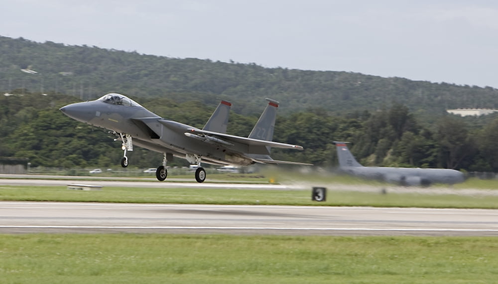 An F-15 Eagle takes off from Kadena Air Base Okinawa Japan Canvas Art - HIGH-G ProductionsStocktrek Images (38 x 22)