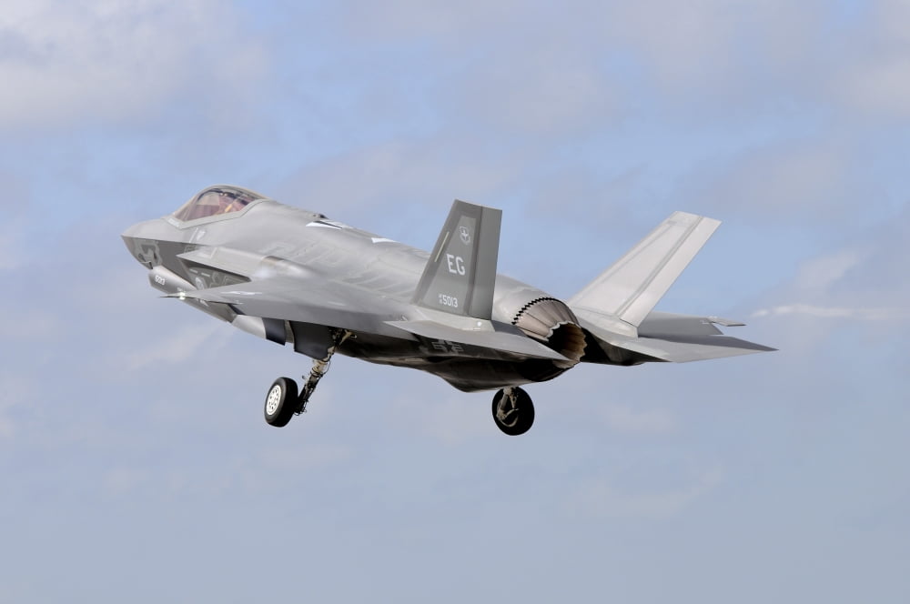 An F-35A taking off from Eglin Air Force Base Florida Canvas Art - Riccardo NiccoliStocktrek Images (34 x 23)