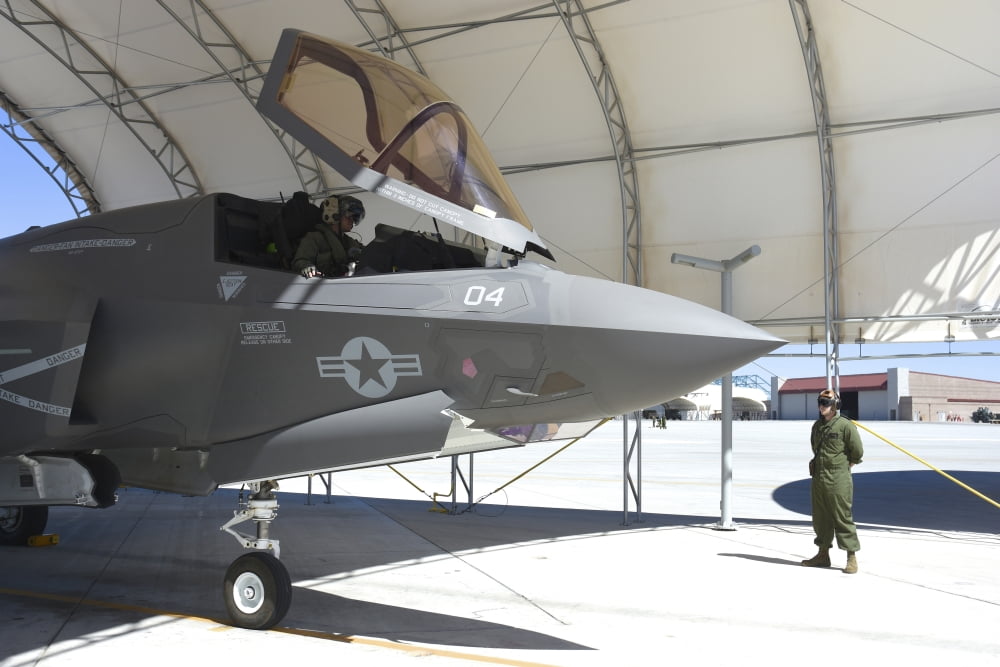An F-35B Lightning II during preflight checks at Marine Corps Air Station Yuma Canvas Art - Riccardo NiccoliStocktrek Images (34 x 23)