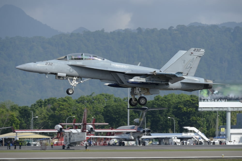 An FA-18 Super Hornet of the US Navy taking off from Langkawi Airport Canvas Art - Remo GuidiStocktrek Images (35 x 23)