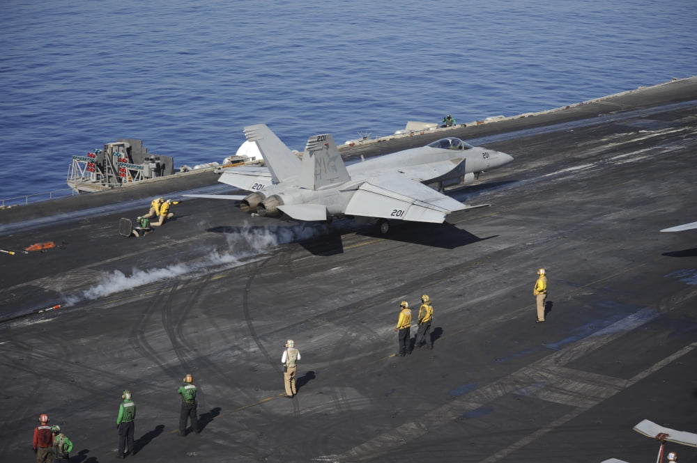 An FA-18E Super Hornet launches from USS Nimitz Canvas Art - Stocktrek Images (34 x 23)