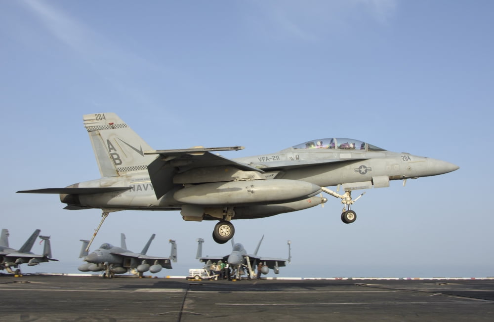 An FA-18E Super Hornet makes an arrested landing aboard an aircraft carrier Canvas Art - Giovanni CollaStocktrek Images (18 x 12)