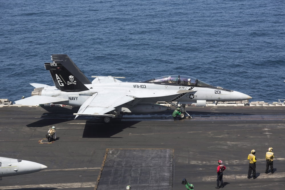 An FA-18F Super Hornet during flight operations on USS Dwight D Eisenhower Canvas Art - Gert KromhoutStocktrek Images (18 x 12)