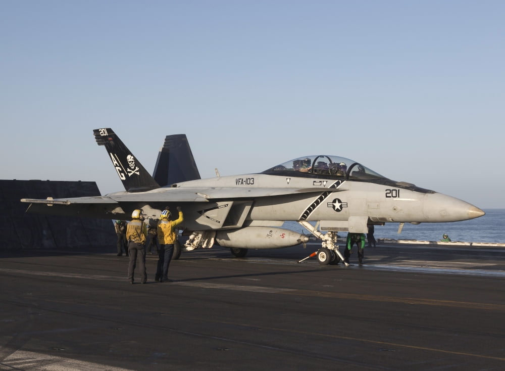 An FA-18F Super Hornet during flight operations on USS Dwight D Eisenhower Canvas Art - Gert KromhoutStocktrek Images (33 x 25)