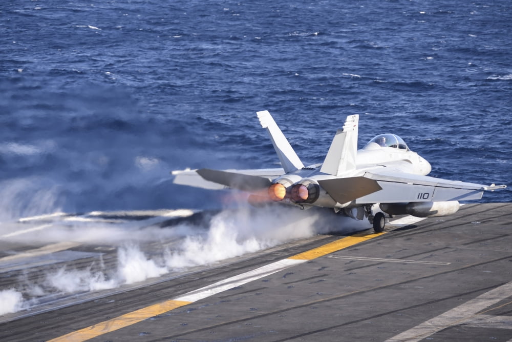 An FA-18F Super Hornet launches from USS Nimitz Canvas Art - Stocktrek Images (34 x 23)