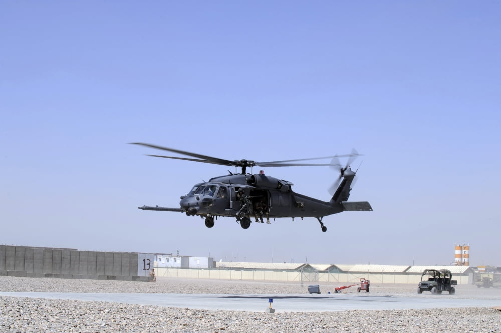An HH-60G Pave Hawk taking off from Camp Bastion Afghanistan Canvas Art - Stocktrek Images (34 x 23)