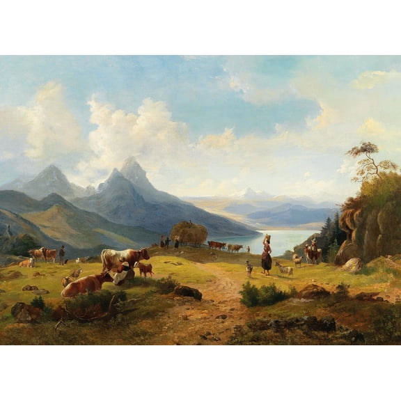 An Idyllic Mountain Landscape with a Herd of Animals and Shepherds Poster Print by Max Joseph Wagenbauer (18 x 24)