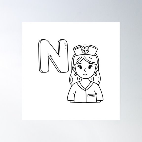 An Illustrations Of Nurse Beside A Letter N Poster Wall Art, Modern Wall Decor, 16x16 UNFRAMED