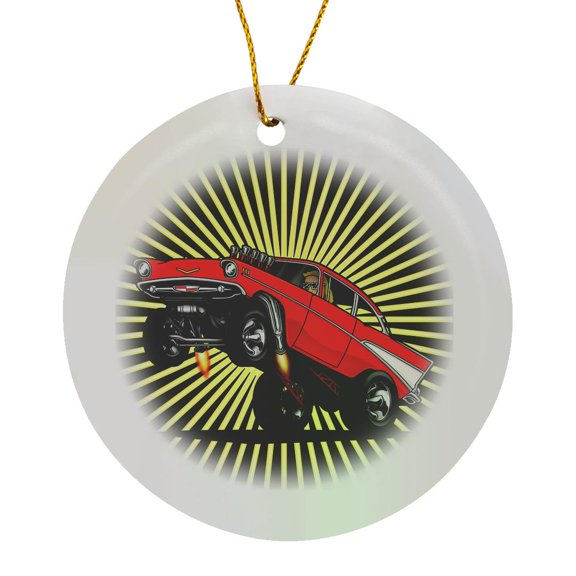 An Image Of A 57 Chev Dragster Popping Wheelies, Star Burst Background, Circle Porcelain Ornament