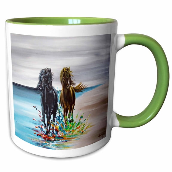 3drose, an Image of Two Horses Running Along the Beach., 11oz Two-tone Green Mug