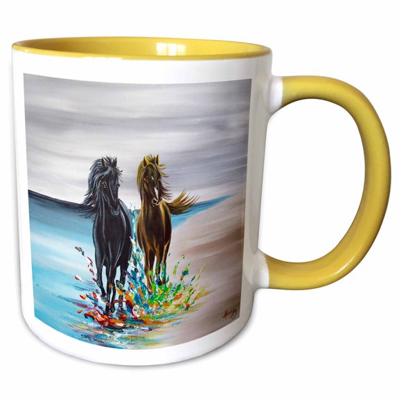 3drose, an Image of Two Horses Running Along the Beach., 11oz Two-tone Yellow Mug