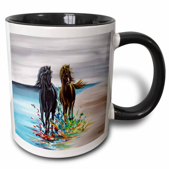 3drose, an Image of Two Horses Running Along the Beach., 15oz Two-tone Black Mug