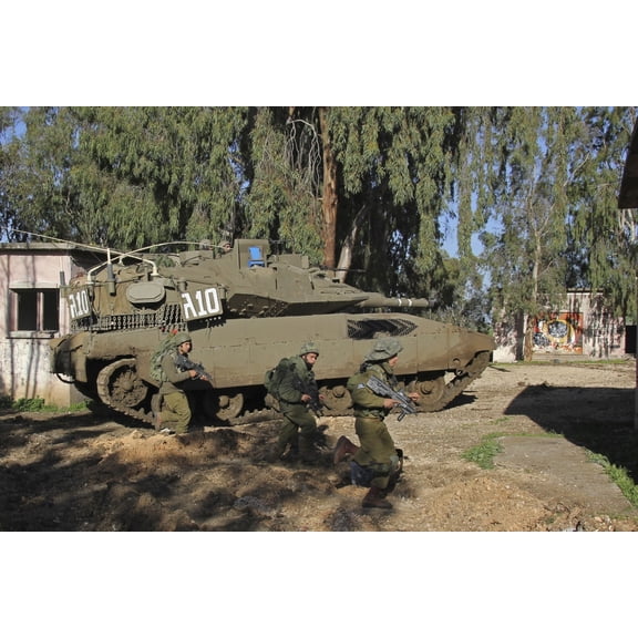 An Israel Defense Force Merkava Mark II battle tank with infantry forces Canvas Art - Ofer ZidonStocktrek Images (35 x 23)