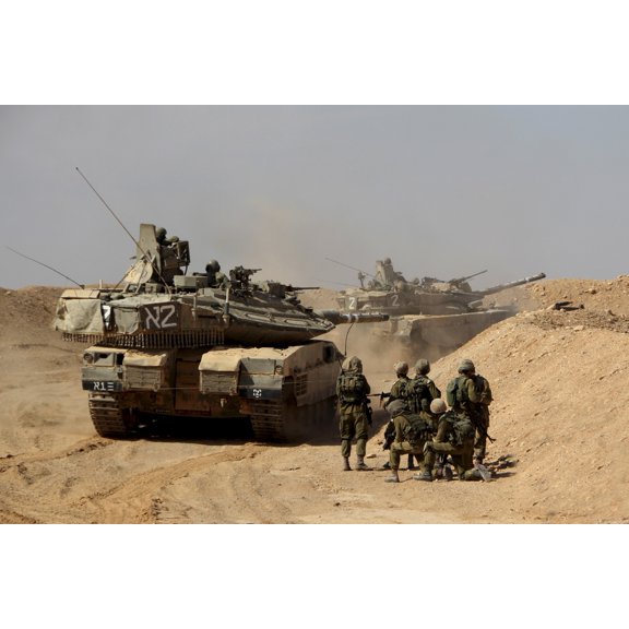 An Israel Defense Force Merkava Mark IV battle tank with infantry forces Canvas Art - Ofer ZidonStocktrek Images (18 x 12)