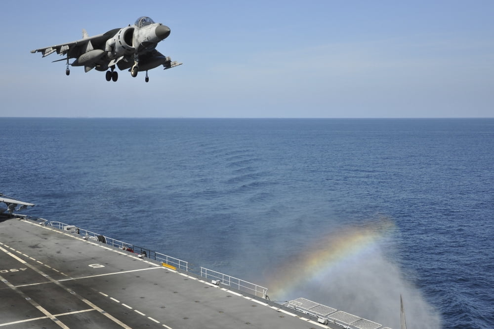 An Italian Navy Av-8B Harrier II prepares for landing Canvas Art - Giorgio CiariniStocktrek Images (34 x 23)