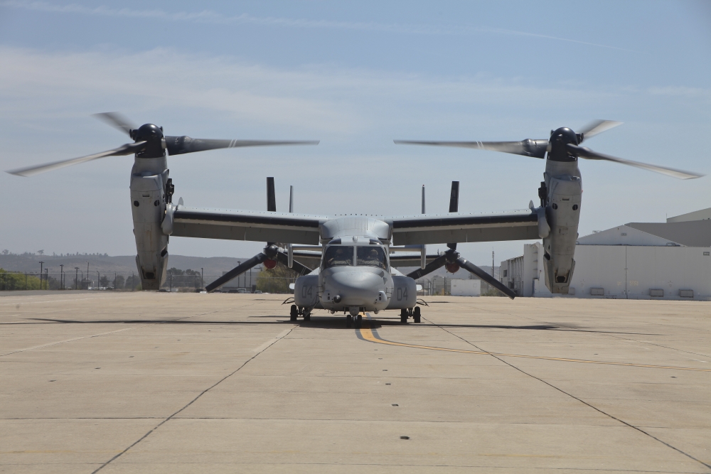 An MV-22 Osprey taxiing at Marine Corps Air Station Miramar Canvas Art - Timm ZiegenthalerStocktrek Images (35 x 23)