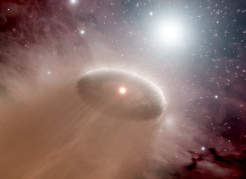 An O-star just behind a young cooler star and its swirling disk of planet-forming material Canvas Art - Stocktrek Images (33 x 24)