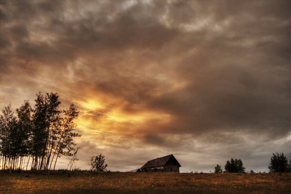 An Old Abandoned Homestead On A Hill During A Fall Sunset North Of Bon Accord Alberta Canvas Art - Dan Jurak Design Pics (34 x 22)
