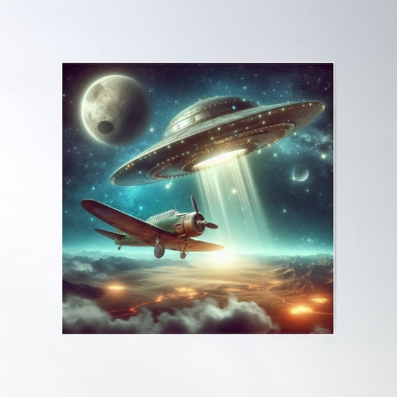 An Old Airplane And Ufo Encounter In Space Poster Wall Art, Modern Wall Decor For Living Room Bedroom, 16X16 UNFRAMED