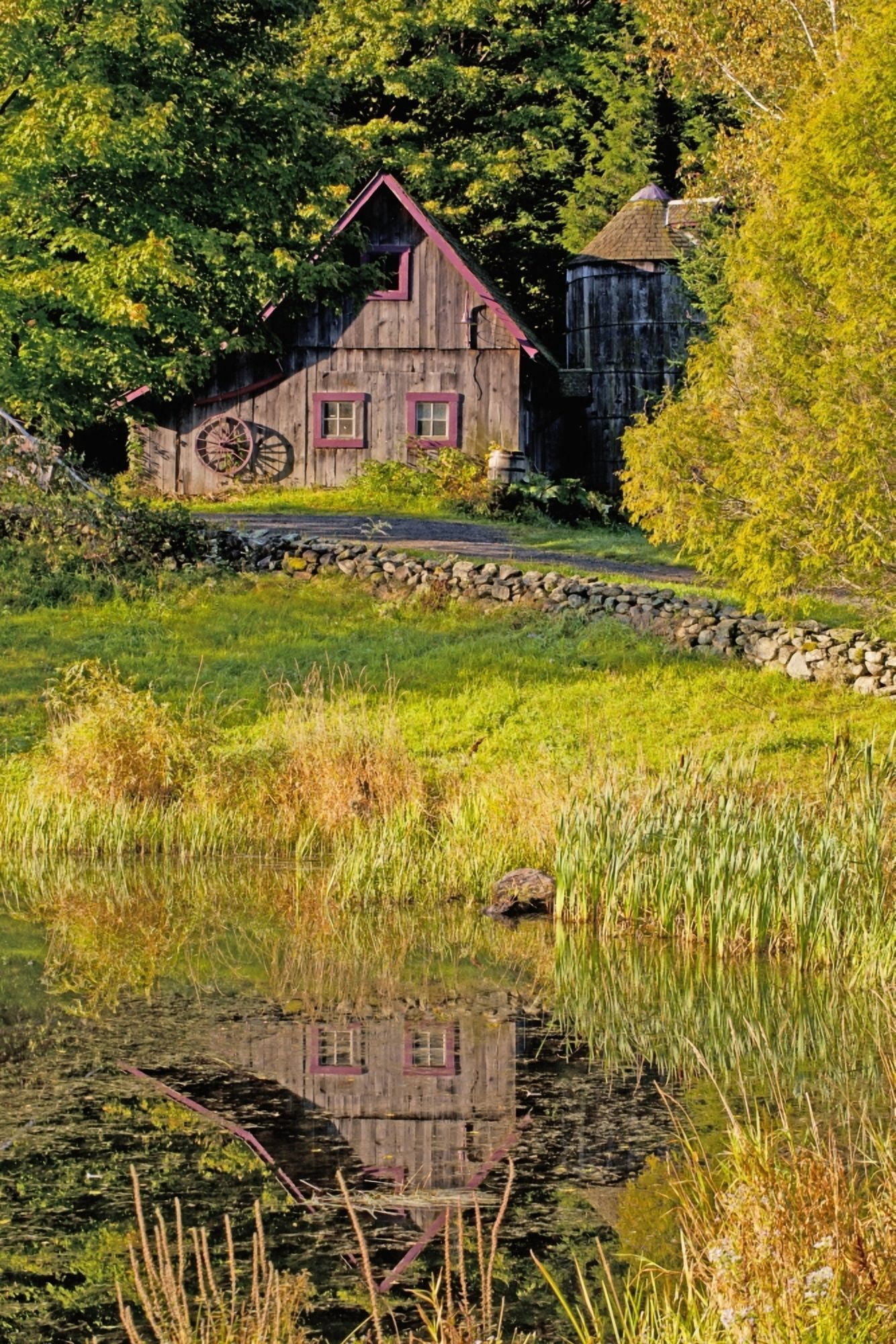 An Old Barn Reflected In The Pond Water Ville De Lac Brome Quebec Canada Canvas Art - David Chapman Design Pics (13 x 19)