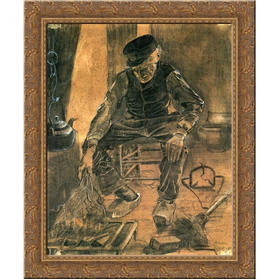 An Old Man Putting Dry Rice on the Hearth 24x20 Gold Ornate Wood Framed Canvas Art by Vincent van Gogh