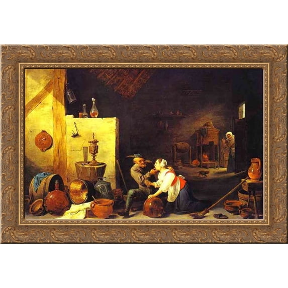 An Old Peasant Caresses a Kitchen Maid in a Stable 24x18 Gold Ornate Wood Framed Canvas Art by David Teniers the Younger