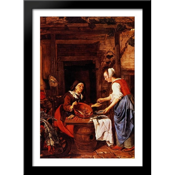 An Old Woman Selling Fish 28x40 Large Black Wood Framed Print Art by Gabriel Metsu