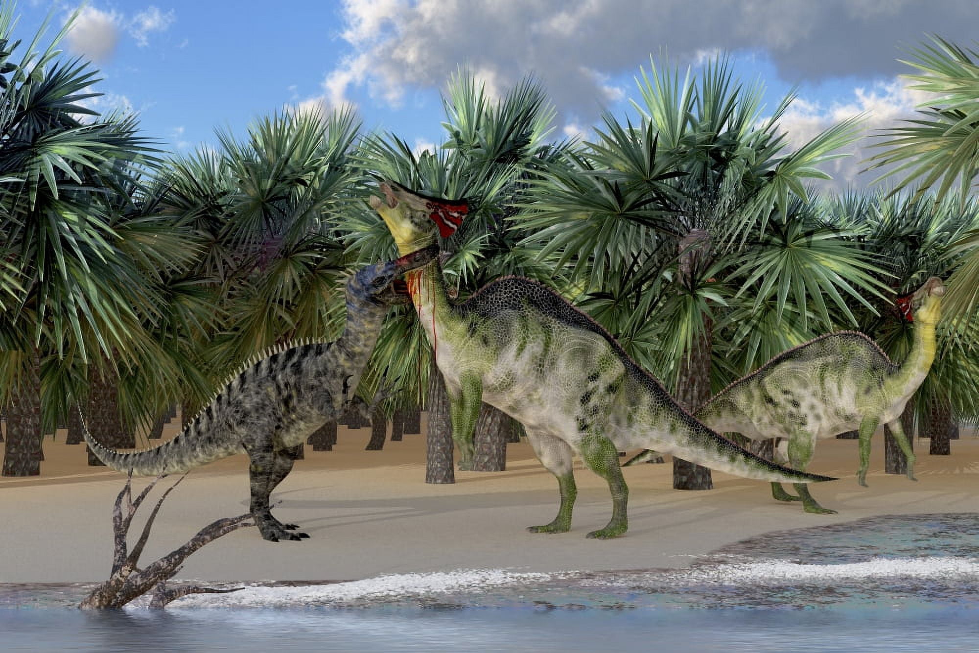 An Olorotitan mother is attacked by a Suchomimus dinosaur Canvas Art - Corey FordStocktrek Images (18 x 12)