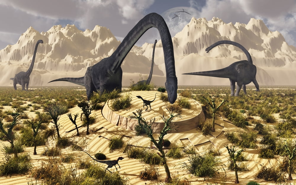 An Omeisaurus dinosaur discovers a buried UFO while grazing Canvas Art - Mark StevensonStocktrek Images (36 x 23)