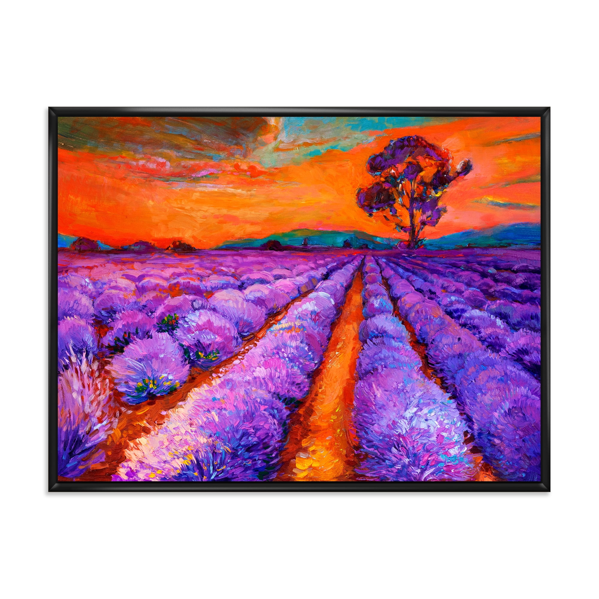 An Orange Sunset Over Purple Lavender Fields I 32 in x 24 in Framed Painting Canvas Art Print, by Designart