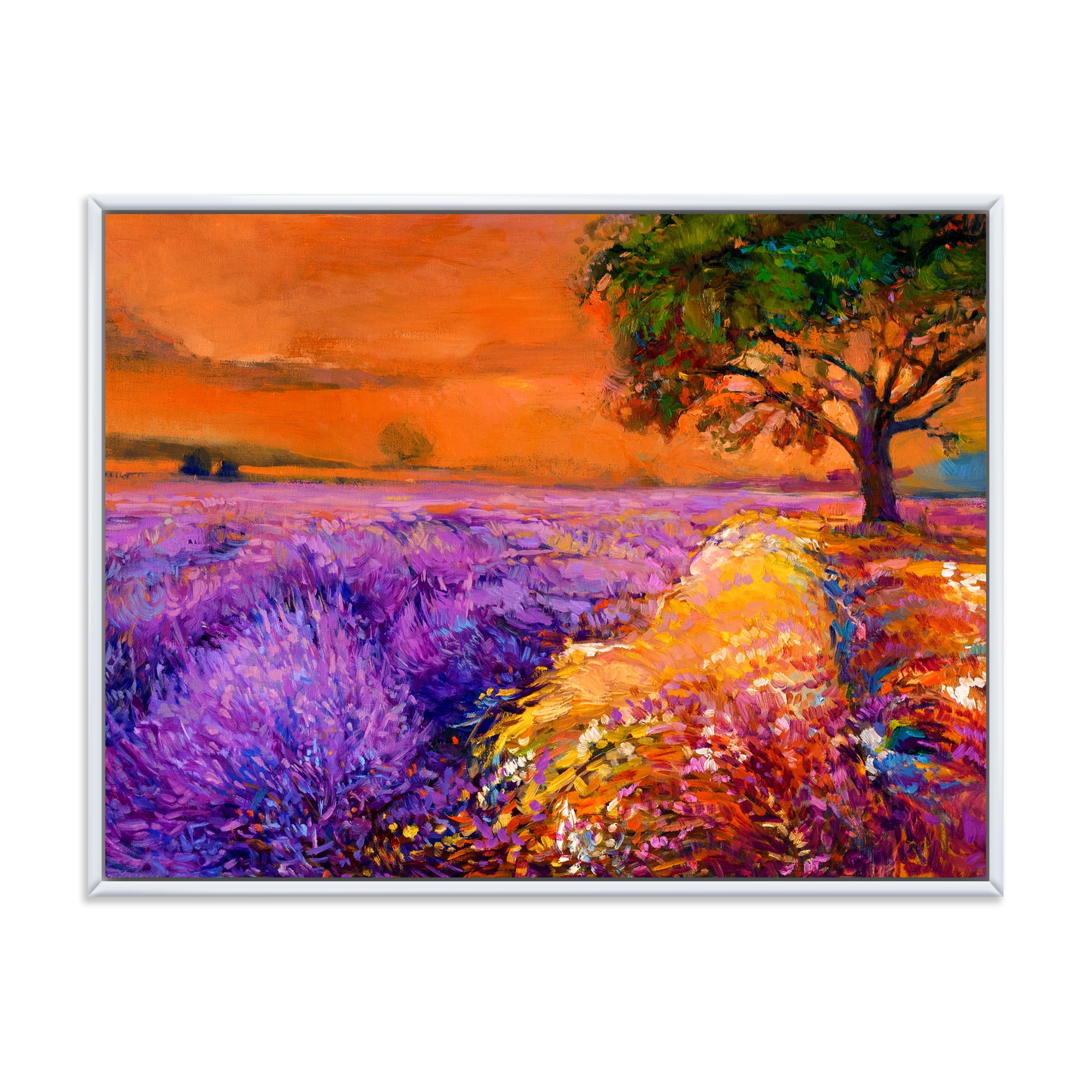 An Orange Sunset Over Purple Lavender Fields II 20 in x 12 in Framed Painting Canvas Art Print, by Designart
