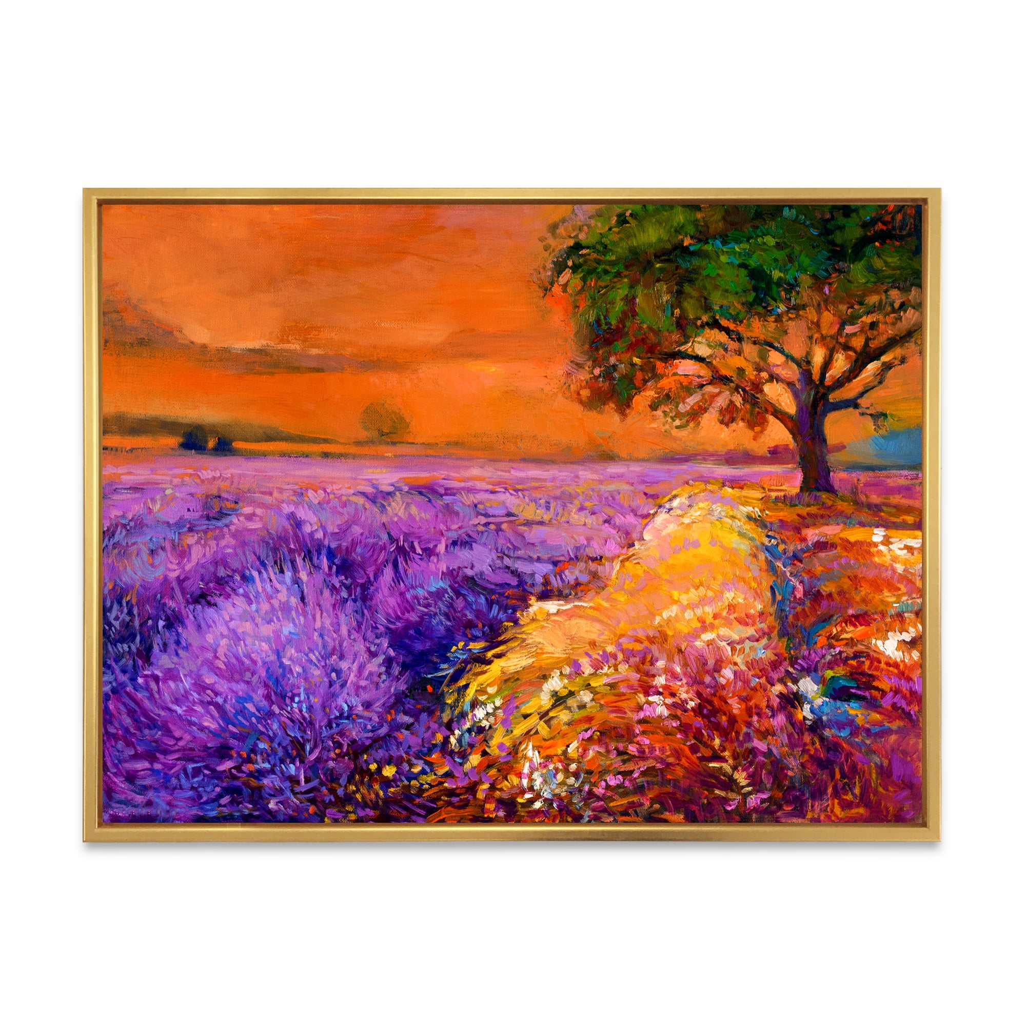An Orange Sunset Over Purple Lavender Fields II 32 in x 24 in Framed Painting Canvas Art Print, by Designart
