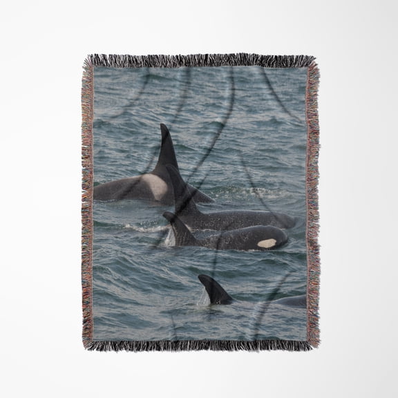 An Orca Family Swimming Along Icy Strait, Alaska., Woven Blanket