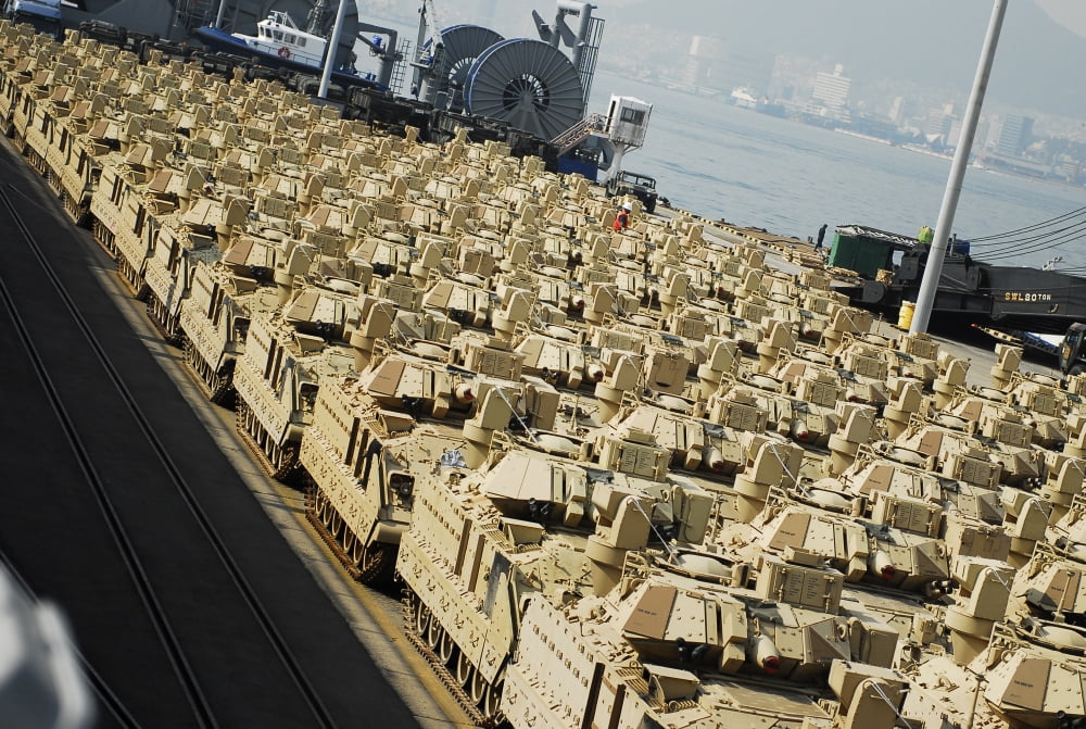 An abundance of Bradley Fighting Vehicles at Pier 8 Busan South Korea Canvas Art - Stocktrek Images (35 x 23)