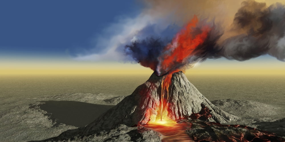 An active volcano belches smoke and molten red lava in an eruption Canvas Art - Corey FordStocktrek Images (20 x 10)