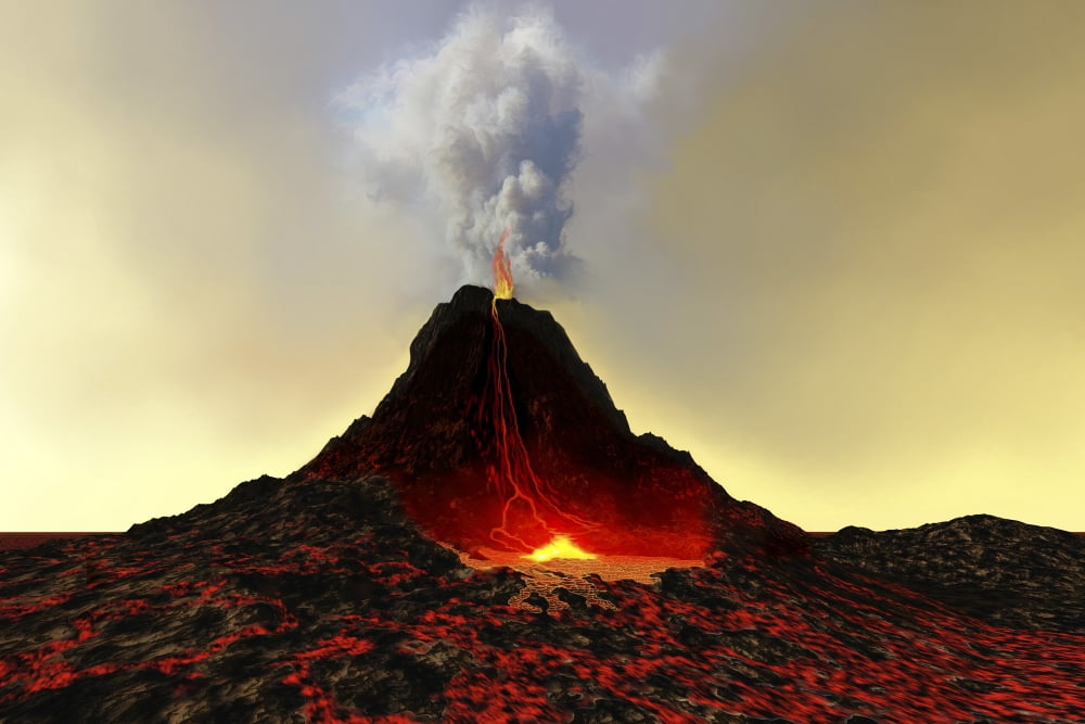 An active volcano spews out hot red lava and smoke Canvas Art - Corey FordStocktrek Images (18 x 12)