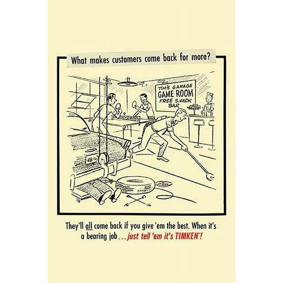 An ad for Timken ball bearings for your car. Shows men having a grand time in a game room at the service station. Poster Print by unknown (18 x 24)