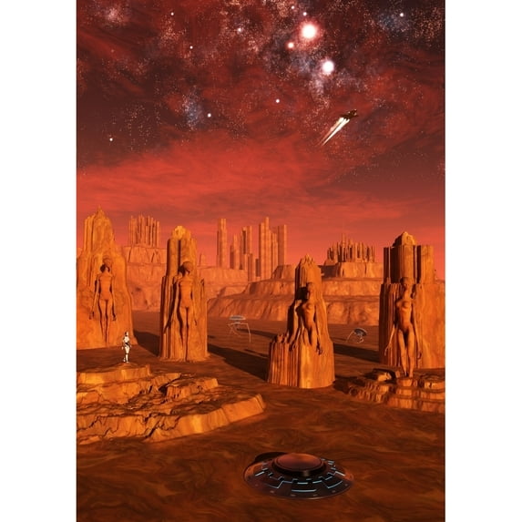 An advanced race exploring the ancient relics of a martian civilization Poster Print