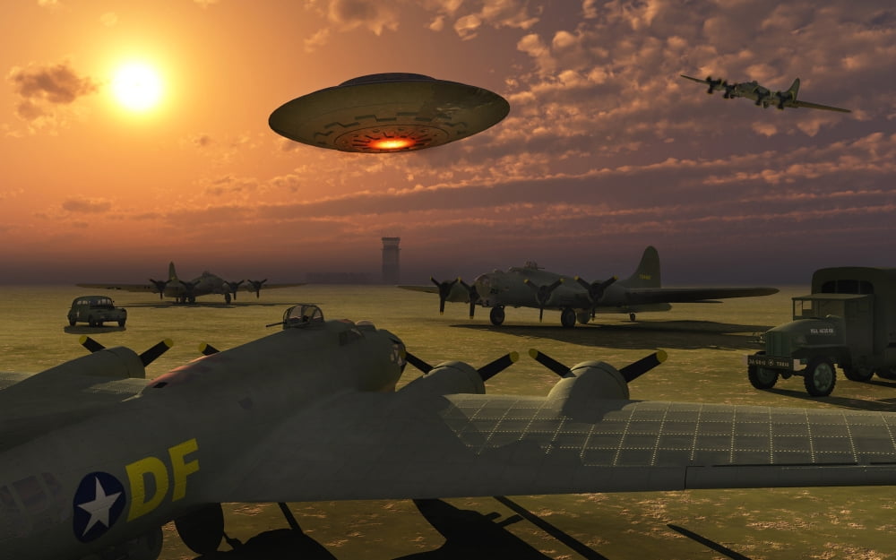 An alien UFO flying low over an American airbase Canvas Art - Mark StevensonStocktrek Images (36 x 23)