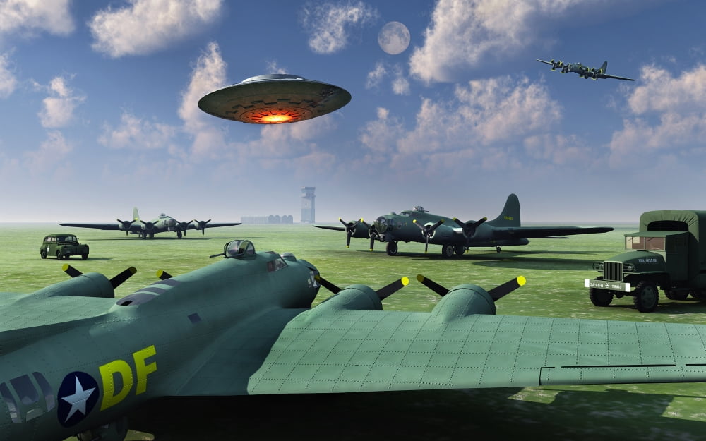 An alien UFO flying low over an American airbase Canvas Art - Mark StevensonStocktrek Images (36 x 23)