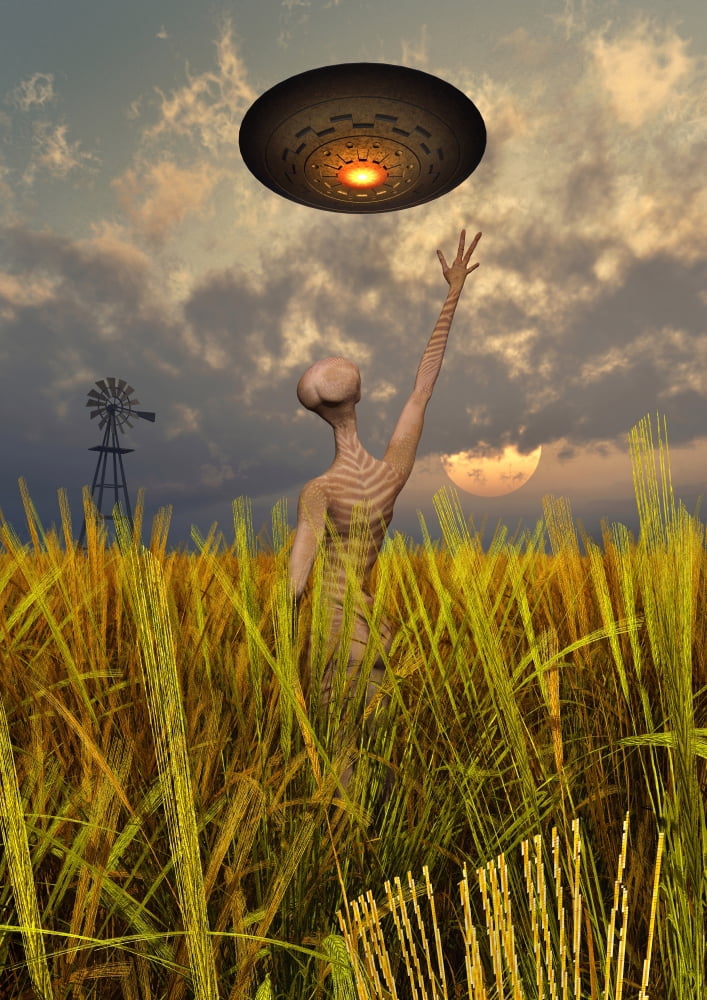 An alien being directing a UFO in making crop circles Canvas Art - Mark StevensonStocktrek Images (12 x 17)