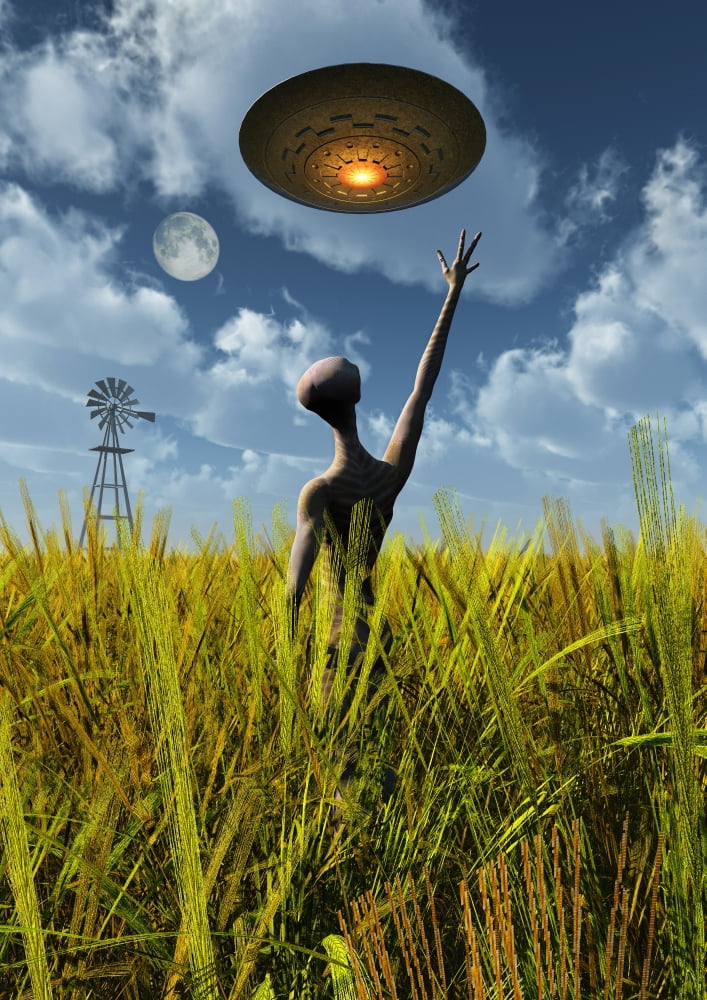 An alien being directing a UFO in making crop circles Canvas Art - Mark StevensonStocktrek Images (24 x 34)